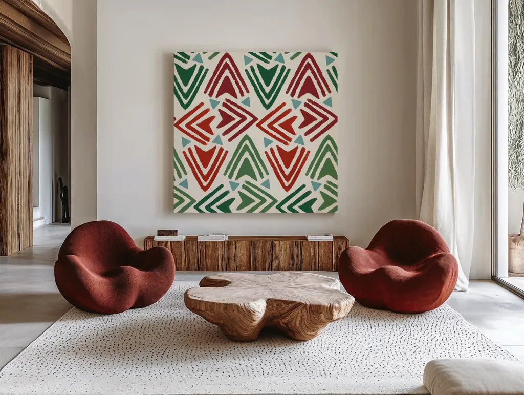 Holiday Likeness Pattern VIA by Veronique Charron. Shown as extra-large giant wall art in a modern living room. Available as an archival giclee rolled canvas, fine art paper, or poster print. SKU 63033a.