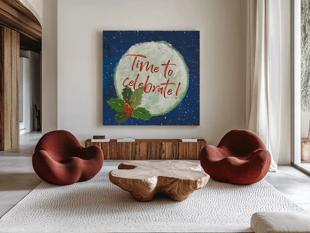 Hometown Holiday IV by Veronique Charron. Shown as extra-large giant wall art in a modern living room. Available as an archival giclee rolled canvas, fine art paper, or poster print. SKU 60899a.