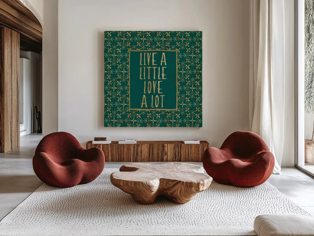 Live a Little by Veronique Charron. Shown as extra-large giant wall art in a modern living room. Available as an archival giclee rolled canvas, fine art paper, or poster print. SKU 51142a.