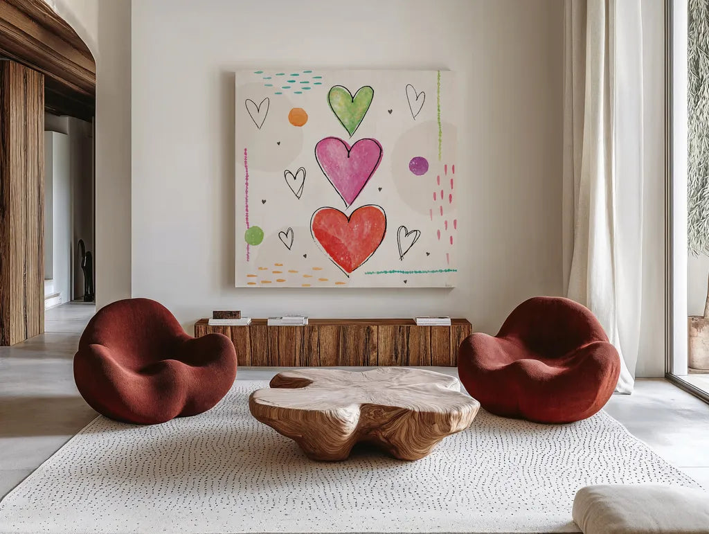 Love Connection III by Veronique Charron. Shown as extra-large giant wall art in a modern living room. Available as an archival giclee rolled canvas, fine art paper, or poster print. SKU 87044a.