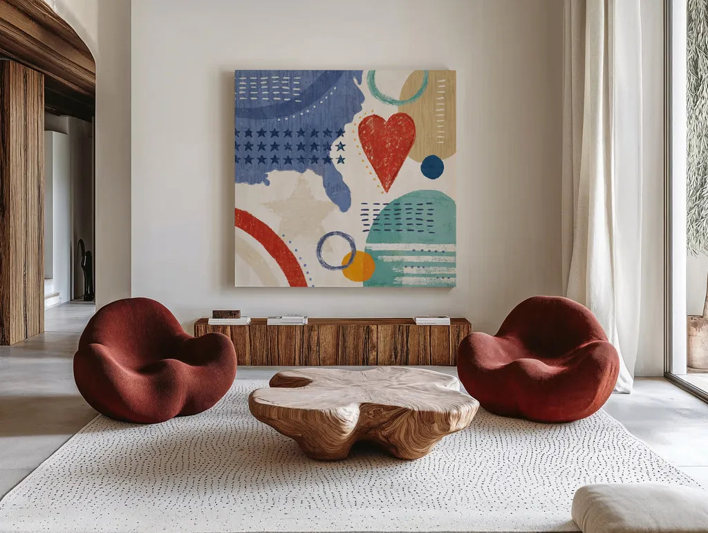 Love and Liberty V by Veronique Charron. Shown as extra-large giant wall art in a modern living room. Available as an archival giclee rolled canvas, fine art paper, or poster print. SKU 72887a.
