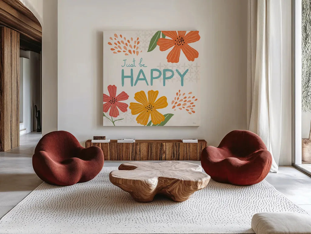 Mod Floral V No Lines by Veronique Charron. Shown as extra-large giant wall art in a modern living room. Available as an archival giclee rolled canvas, fine art paper, or poster print. SKU 75753a.