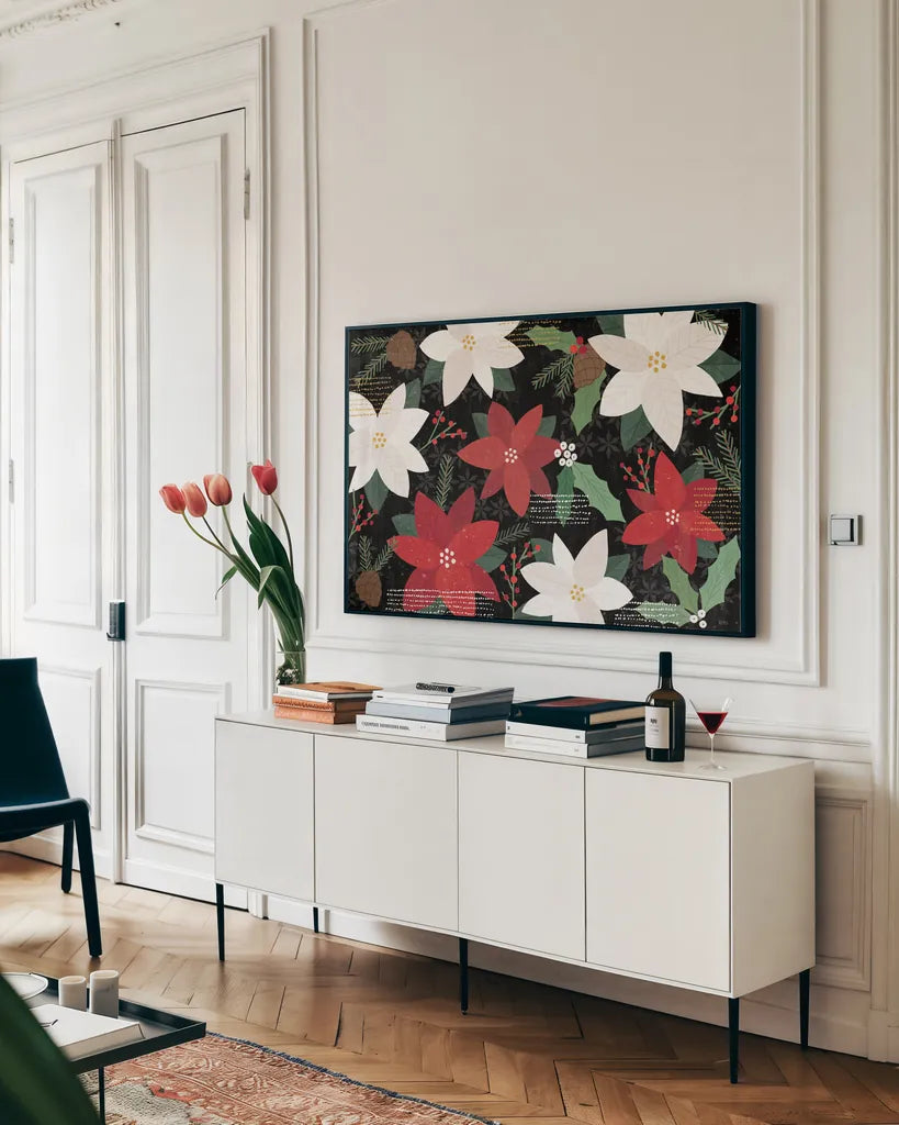 Mod Holiday I Dark by Veronique Charron. shown as a framed stretched canvas in a living room above a console. Available as a archival giclee rolled canvas, fine art paper, or poster print. SKU 78158i.