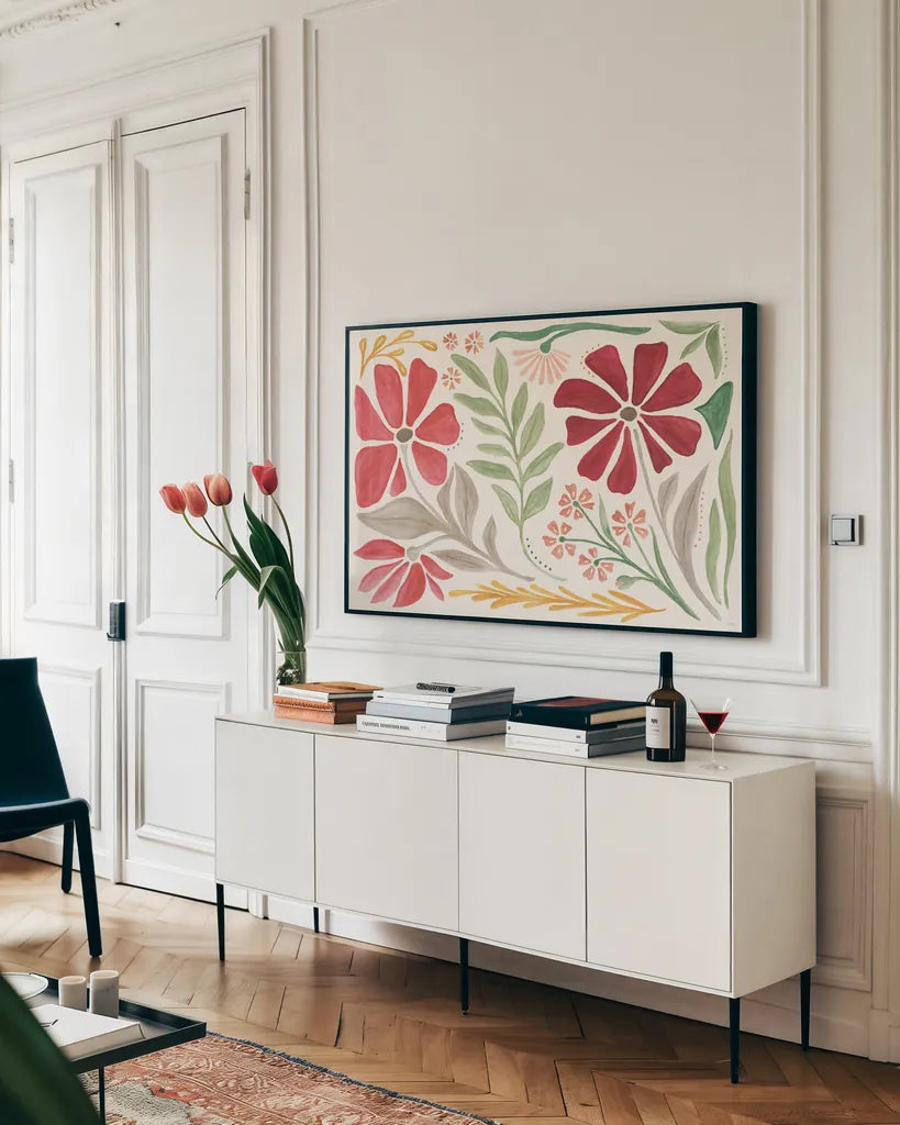 Modern Petals I by Veronique Charron. shown as a framed stretched canvas in a living room above a console. Available as a archival giclee rolled canvas, fine art paper, or poster print. SKU 89105i.