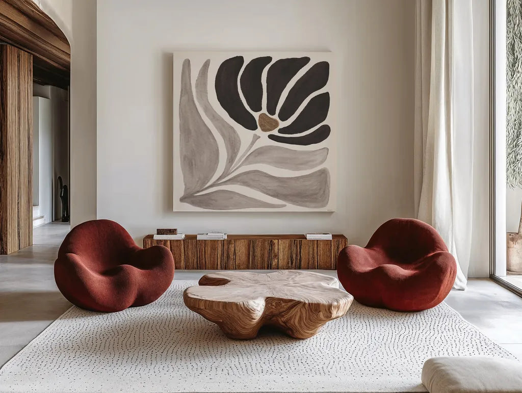 Modern Petals IV Neutral by Veronique Charron. Shown as extra-large giant wall art in a modern living room. Available as an archival giclee rolled canvas, fine art paper, or poster print. SKU 89115a.