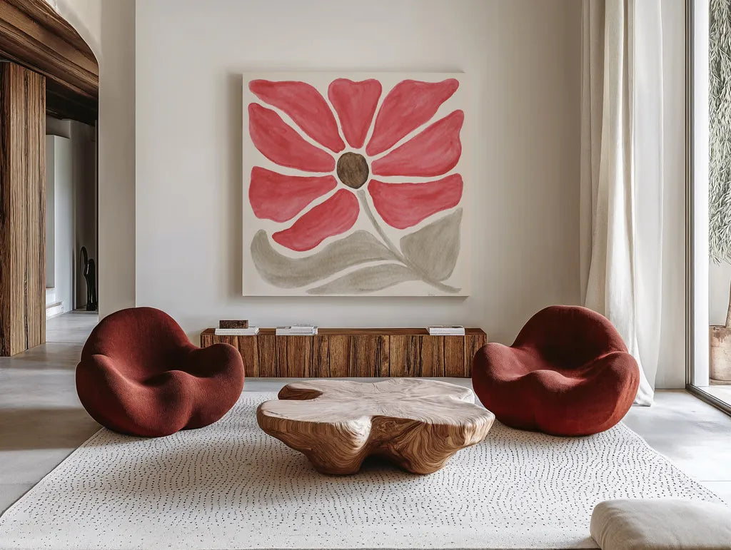 Modern Petals V by Veronique Charron. Shown as extra-large giant wall art in a modern living room. Available as an archival giclee rolled canvas, fine art paper, or poster print. SKU 89109a.