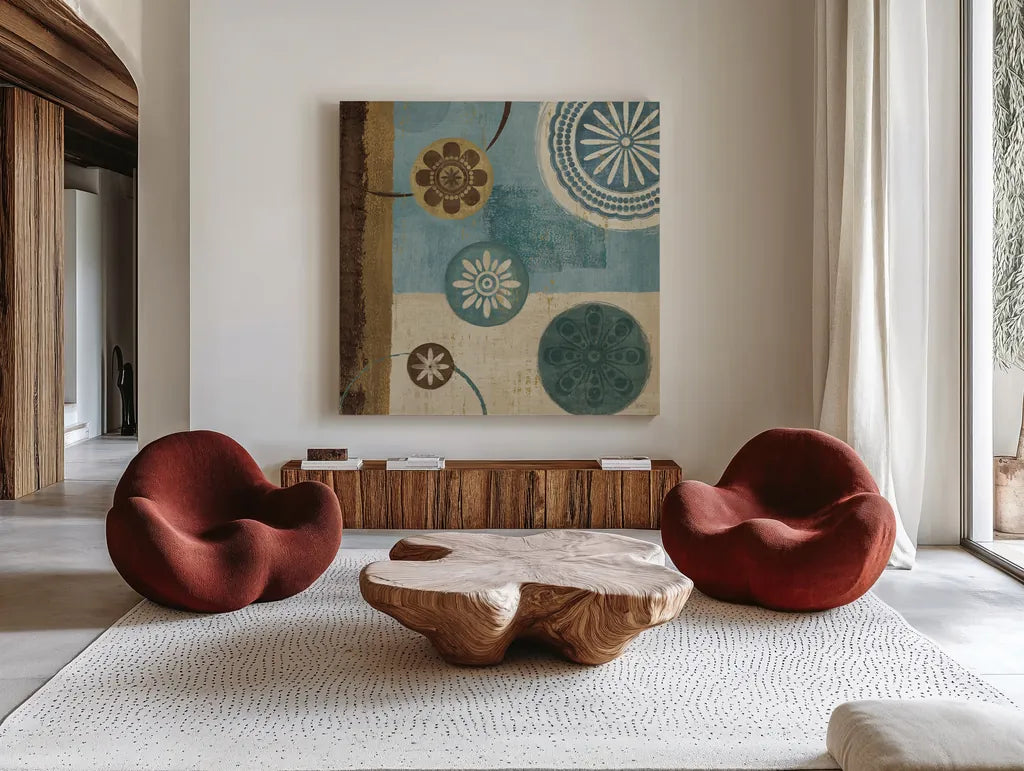 New Generation Blue II by Veronique Charron. Shown as extra-large giant wall art in a modern living room. Available as an archival giclee rolled canvas, fine art paper, or poster print. SKU 3901a.