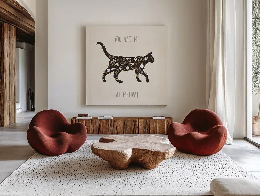 Otomi Cats IV Neutral by Veronique Charron. Shown as extra-large giant wall art in a modern living room. Available as an archival giclee rolled canvas, fine art paper, or poster print. SKU 43856a.