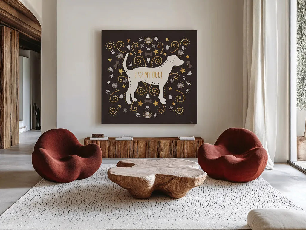 Otomi Dogs II Dark Neutral by Veronique Charron. Shown as extra-large giant wall art in a modern living room. Available as an archival giclee rolled canvas, fine art paper, or poster print. SKU 44040a.