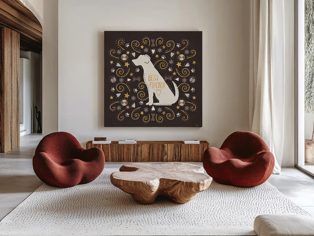 Otomi Dogs III Dark Neutral by Veronique Charron. Shown as extra-large giant wall art in a modern living room. Available as an archival giclee rolled canvas, fine art paper, or poster print. SKU 44041a.