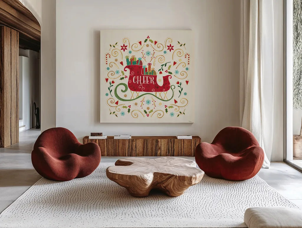 Otomi Holiday VI by Veronique Charron. Shown as extra-large giant wall art in a modern living room. Available as an archival giclee rolled canvas, fine art paper, or poster print. SKU 45519a.