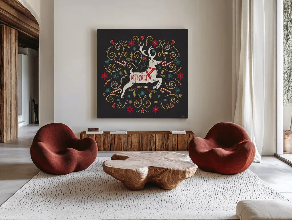Otomi Holiday VIII Black by Veronique Charron. Shown as extra-large giant wall art in a modern living room. Available as an archival giclee rolled canvas, fine art paper, or poster print. SKU 45529a.