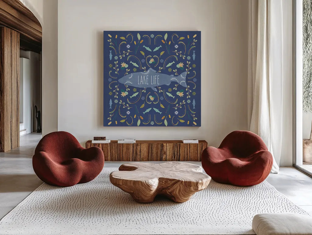 Otomi Lake V Dark by Veronique Charron. Shown as extra-large giant wall art in a modern living room. Available as an archival giclee rolled canvas, fine art paper, or poster print. SKU 46452a.