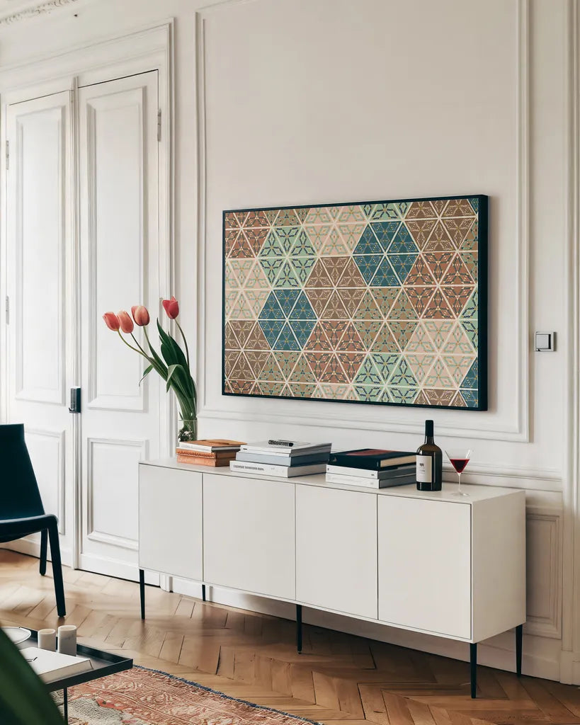 Outdoor Geo XI by Veronique Charron. shown as a framed stretched canvas in a living room above a console. Available as a archival giclee rolled canvas, fine art paper, or poster print. SKU 36770i.