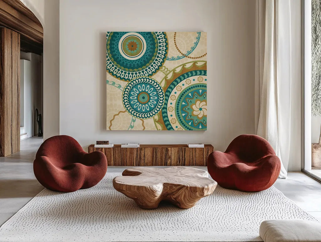 Owl Forest Suzani I by Veronique Charron. Shown as extra-large giant wall art in a modern living room. Available as an archival giclee rolled canvas, fine art paper, or poster print. SKU 9069a.