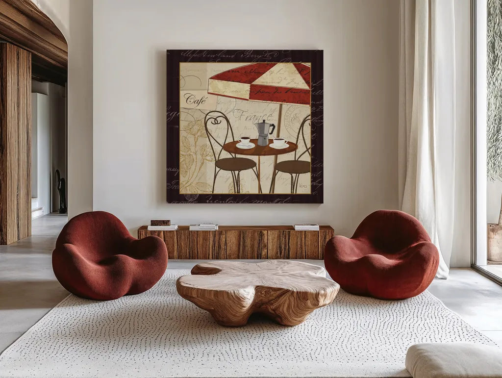 Petit Cafe I with Border by Veronique Charron. Shown as extra-large giant wall art in a modern living room. Available as an archival giclee rolled canvas, fine art paper, or poster print. SKU 3285a.