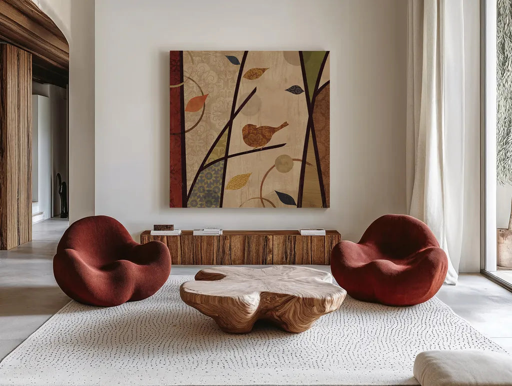 Pieces of Nature I Spice by Veronique Charron. Shown as extra-large giant wall art in a modern living room. Available as an archival giclee rolled canvas, fine art paper, or poster print. SKU 15968a.
