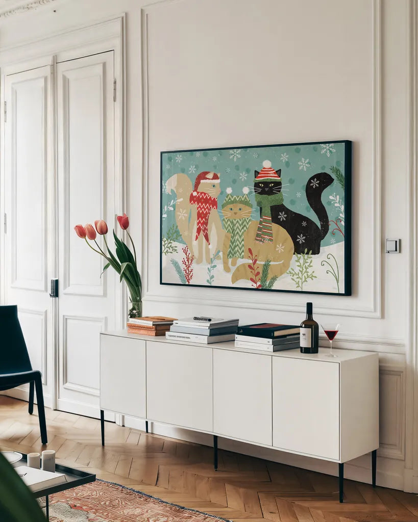 Purrfect Holiday I by Veronique Charron. shown as a framed stretched canvas in a living room above a console. Available as a archival giclee rolled canvas, fine art paper, or poster print. SKU 67153i.