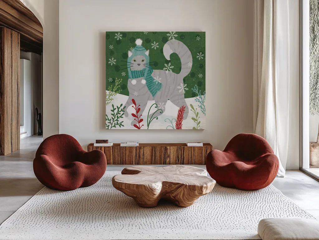 Purrfect Holiday V by Veronique Charron. Shown as extra-large giant wall art in a modern living room. Available as an archival giclee rolled canvas, fine art paper, or poster print. SKU 67157a.