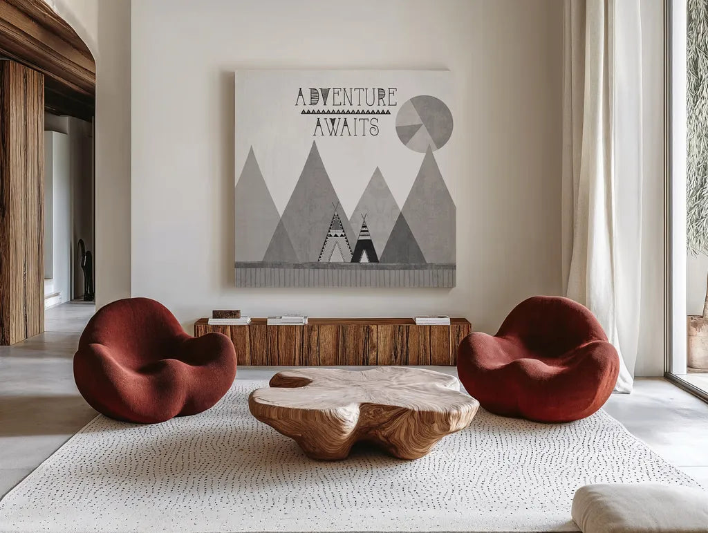 Southwest Geo III BW by Veronique Charron. Shown as extra-large giant wall art in a modern living room. Available as an archival giclee rolled canvas, fine art paper, or poster print. SKU 34541a.