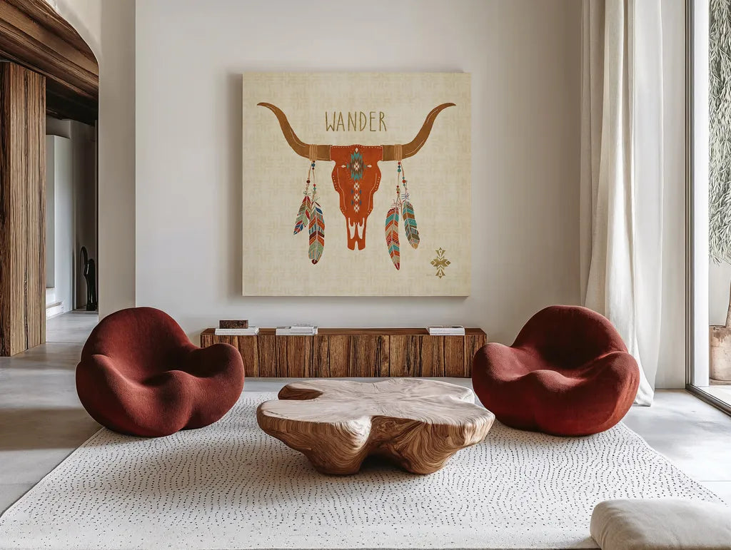 Southwest at Heart I by Veronique Charron. Shown as extra-large giant wall art in a modern living room. Available as an archival giclee rolled canvas, fine art paper, or poster print. SKU 20002a.