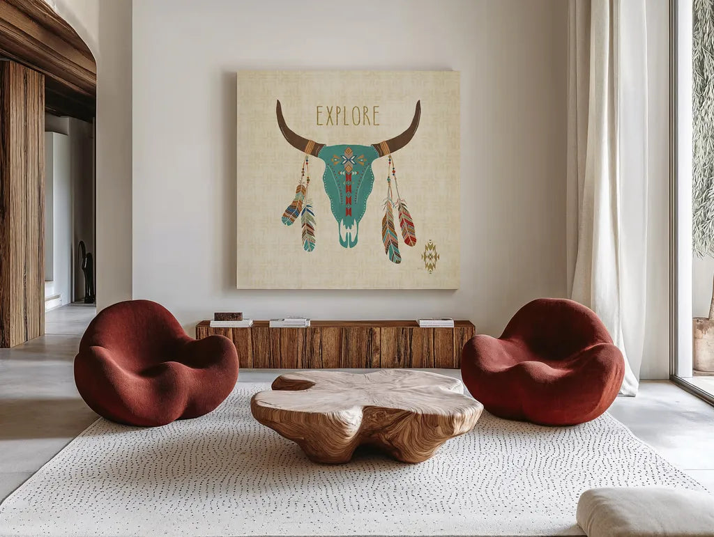 Southwest at Heart II by Veronique Charron. Shown as extra-large giant wall art in a modern living room. Available as an archival giclee rolled canvas, fine art paper, or poster print. SKU 20003a.