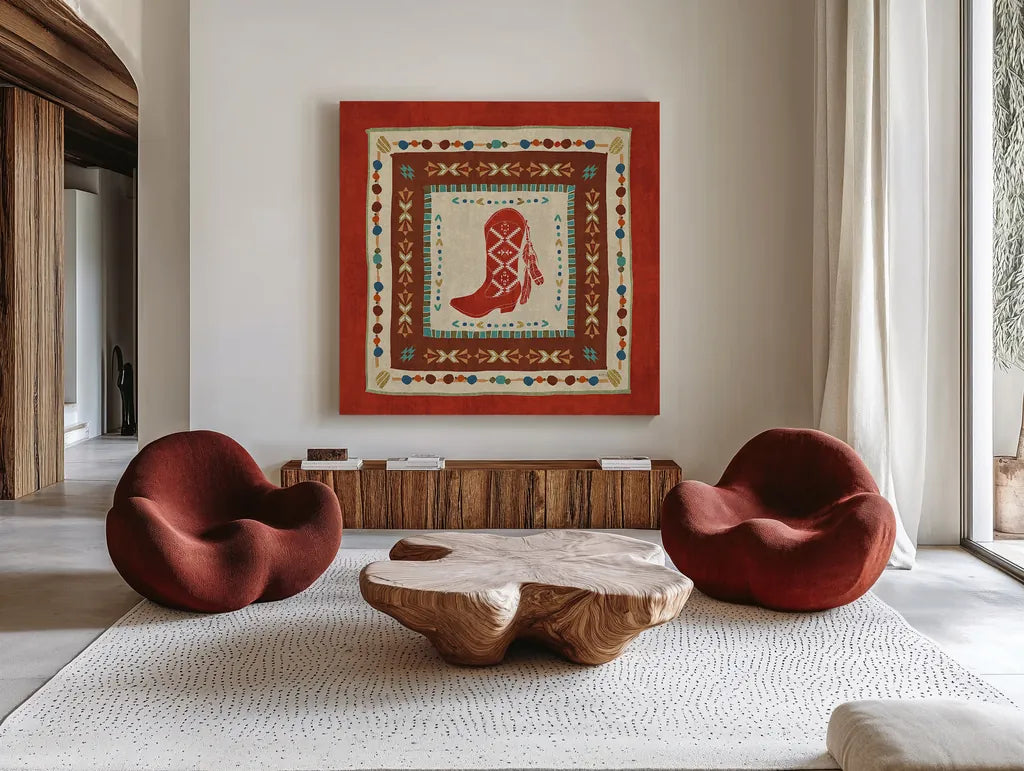 Southwest at Heart Tile II by Veronique Charron. Shown as extra-large giant wall art in a modern living room. Available as an archival giclee rolled canvas, fine art paper, or poster print. SKU 20007a.
