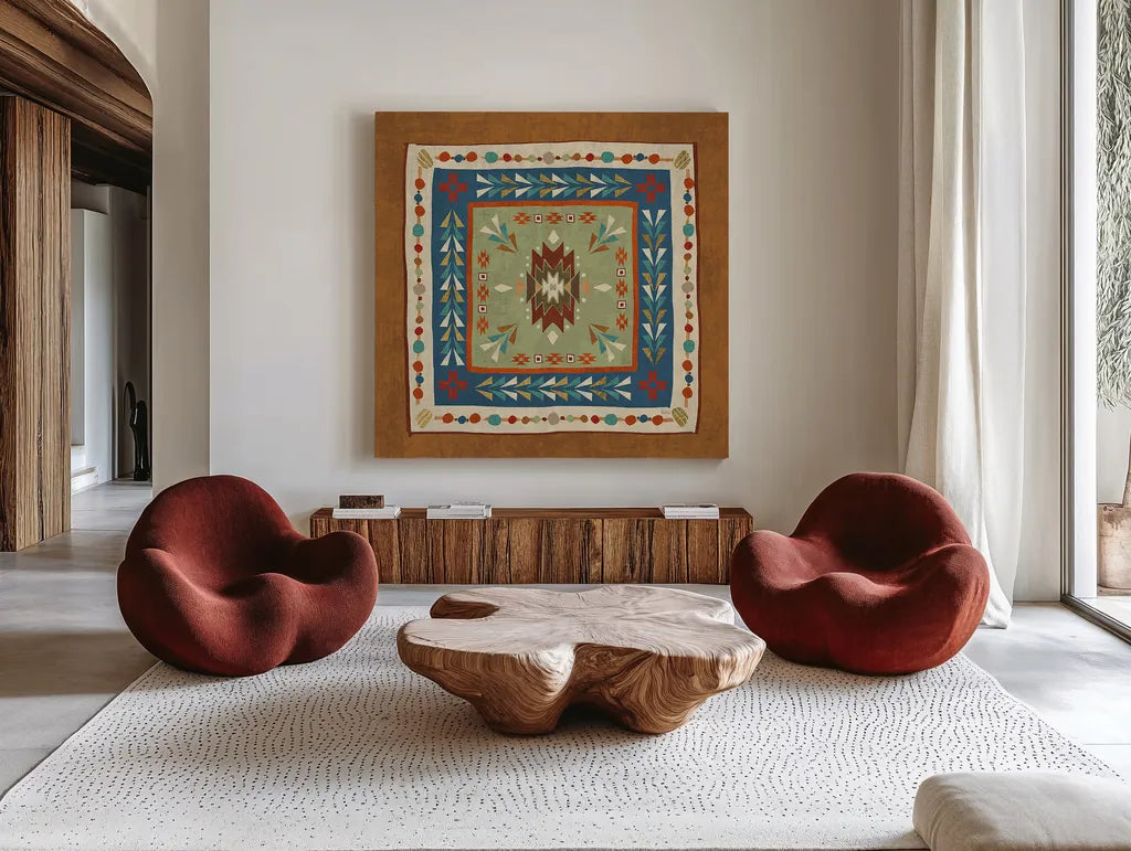 Southwest at Heart Tile VIII by Veronique Charron. Shown as extra-large giant wall art in a modern living room. Available as an archival giclee rolled canvas, fine art paper, or poster print. SKU 20013a.