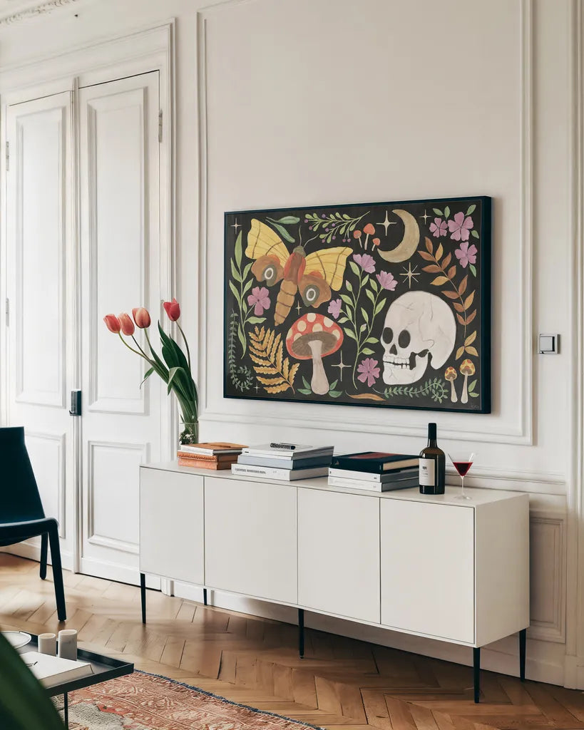 Spooky Chic I by Veronique Charron. shown as a framed stretched canvas in a living room above a console. Available as a archival giclee rolled canvas, fine art paper, or poster print. SKU 91197i.