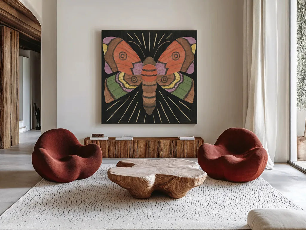 Spooky Chic VI by Veronique Charron. Shown as extra-large giant wall art in a modern living room. Available as an archival giclee rolled canvas, fine art paper, or poster print. SKU 91202a.