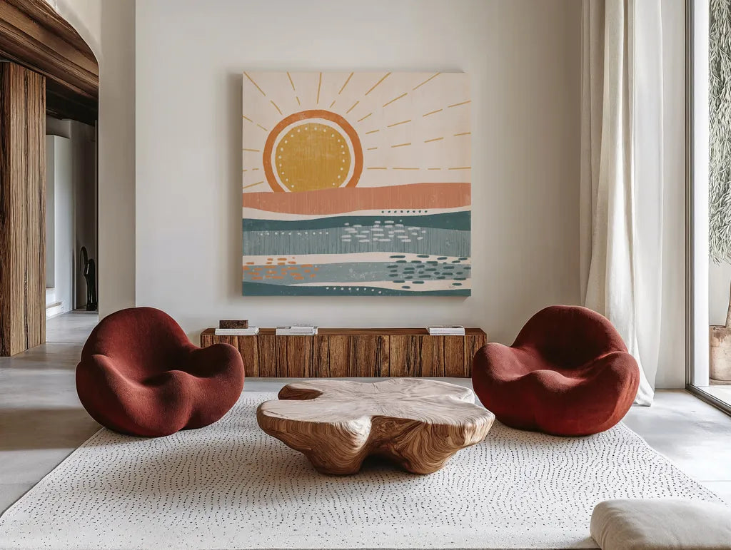Summer Desert II by Veronique Charron. Shown as extra-large giant wall art in a modern living room. Available as an archival giclee rolled canvas, fine art paper, or poster print. SKU 74760a.