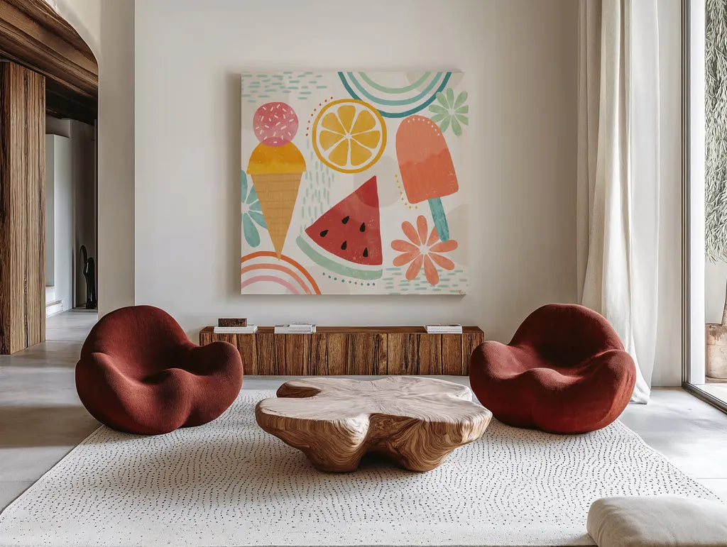 Sweet Summer I by Veronique Charron. Shown as extra-large giant wall art in a modern living room. Available as an archival giclee rolled canvas, fine art paper, or poster print. SKU 74652a.