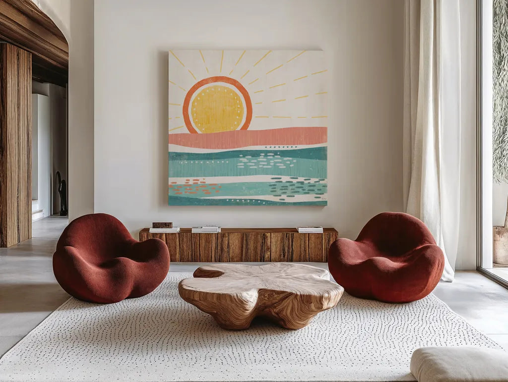 Sweet Summer VI by Veronique Charron. Shown as extra-large giant wall art in a modern living room. Available as an archival giclee rolled canvas, fine art paper, or poster print. SKU 74657a.