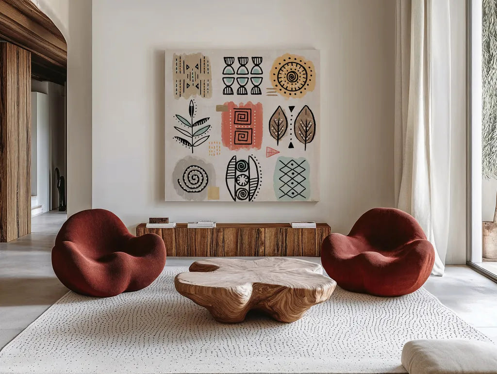 Tribal Tones VIII by Veronique Charron. Shown as extra-large giant wall art in a modern living room. Available as an archival giclee rolled canvas, fine art paper, or poster print. SKU 70461a.