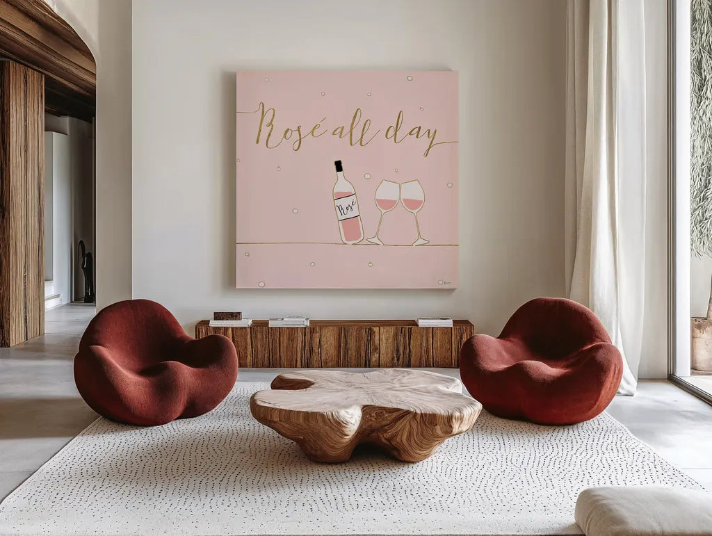 Underlined Bubbly V Pink by Veronique Charron. Shown as extra-large giant wall art in a modern living room. Available as an archival giclee rolled canvas, fine art paper, or poster print. SKU 34821a.