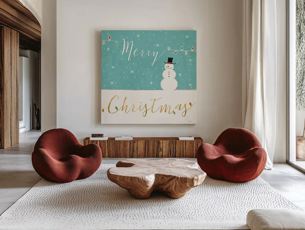 Underlined Christmas I by Veronique Charron. Shown as extra-large giant wall art in a modern living room. Available as an archival giclee rolled canvas, fine art paper, or poster print. SKU 36304a.