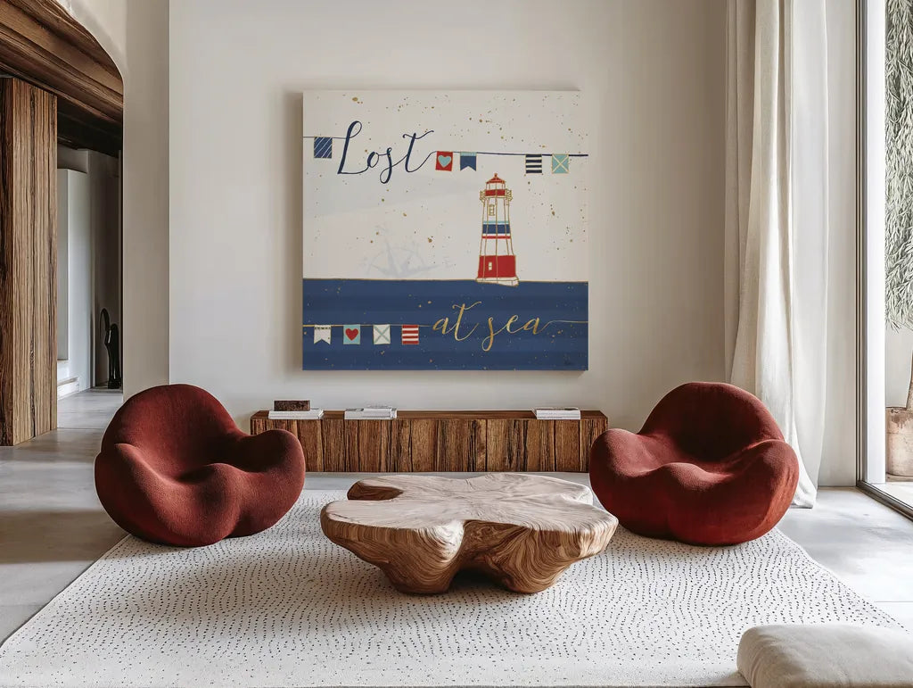 Underlined Nautical I by Veronique Charron. Shown as extra-large giant wall art in a modern living room. Available as an archival giclee rolled canvas, fine art paper, or poster print. SKU 39406a.