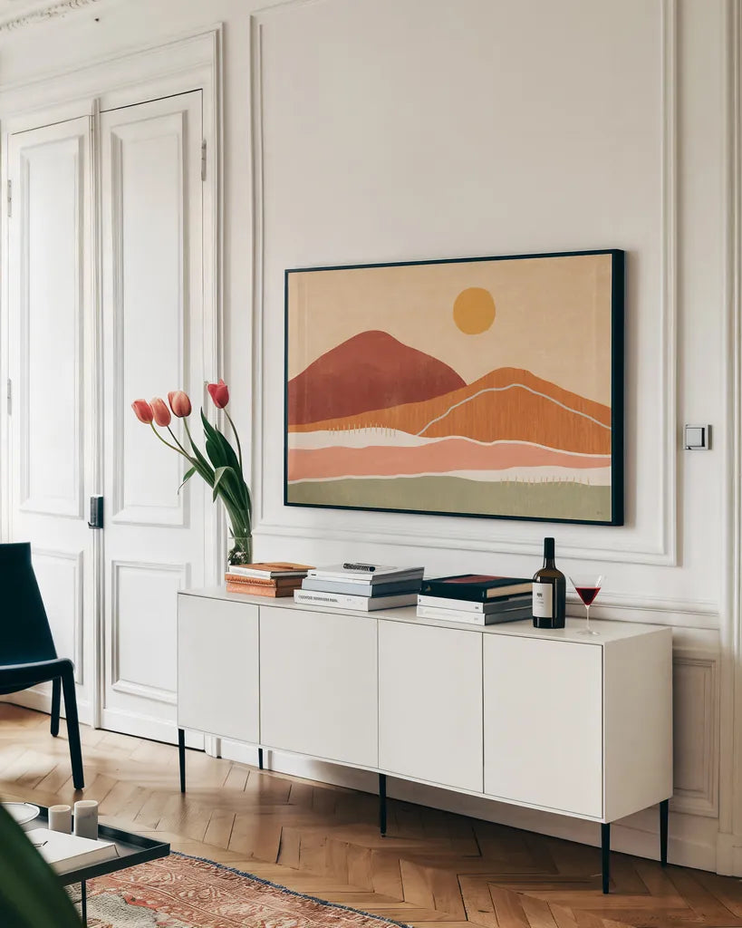 Warmscape I by Veronique Charron. shown as a framed stretched canvas in a living room above a console. Available as a archival giclee rolled canvas, fine art paper, or poster print. SKU 74874i.