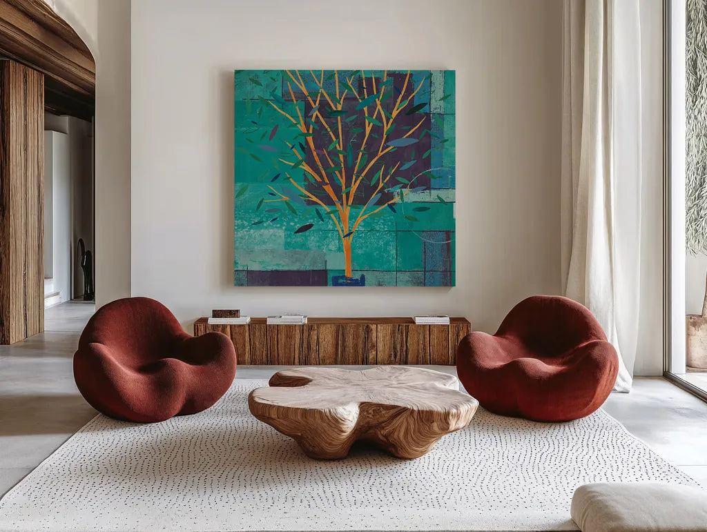 Watercolor Forest VI Peacock by Veronique Charron. Shown as extra-large giant wall art in a modern living room. Available as an archival giclee rolled canvas, fine art paper, or poster print. SKU 21167a.