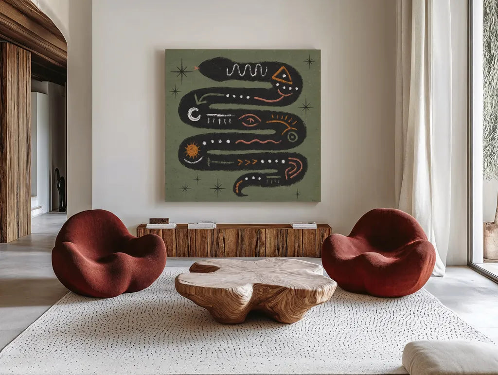 Wee Bit Wicked IV by Veronique Charron. Shown as extra-large giant wall art in a modern living room. Available as an archival giclee rolled canvas, fine art paper, or poster print. SKU 99433a.