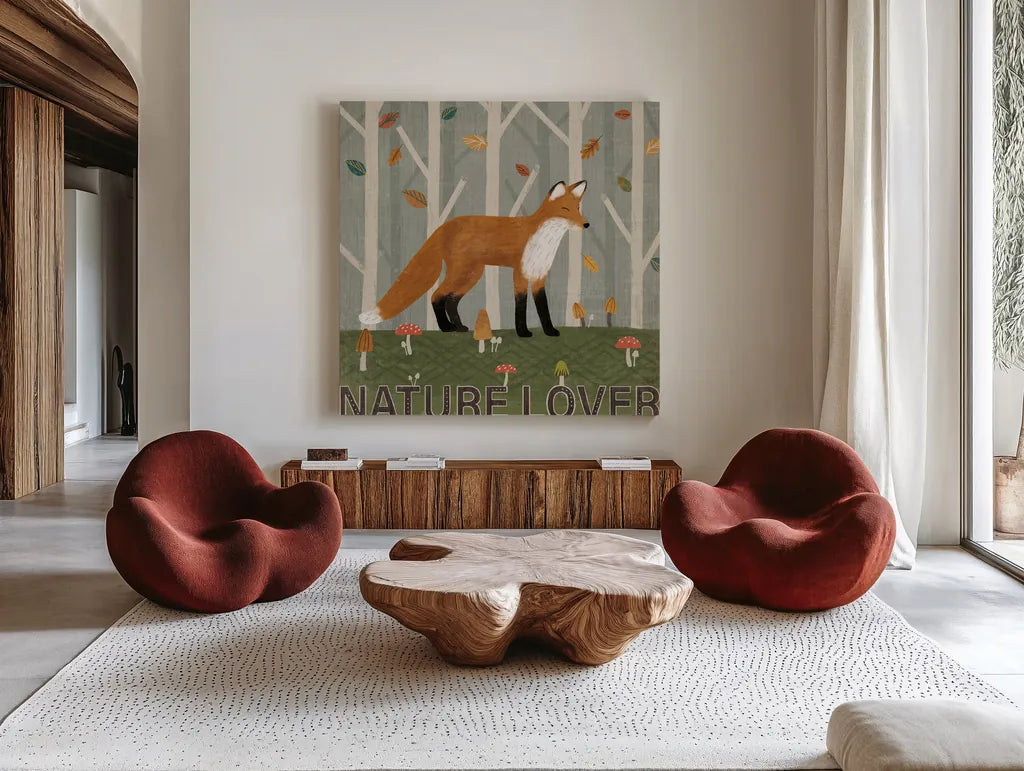 Woodland Joy II by Veronique Charron. Shown as extra-large giant wall art in a modern living room. Available as an archival giclee rolled canvas, fine art paper, or poster print. SKU 76959a.