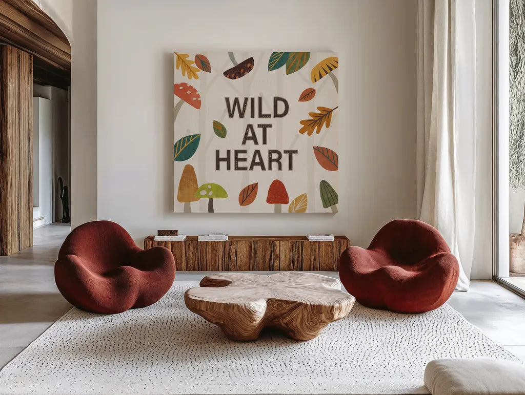Woodland Joy VI by Veronique Charron. Shown as extra-large giant wall art in a modern living room. Available as an archival giclee rolled canvas, fine art paper, or poster print. SKU 76963a.