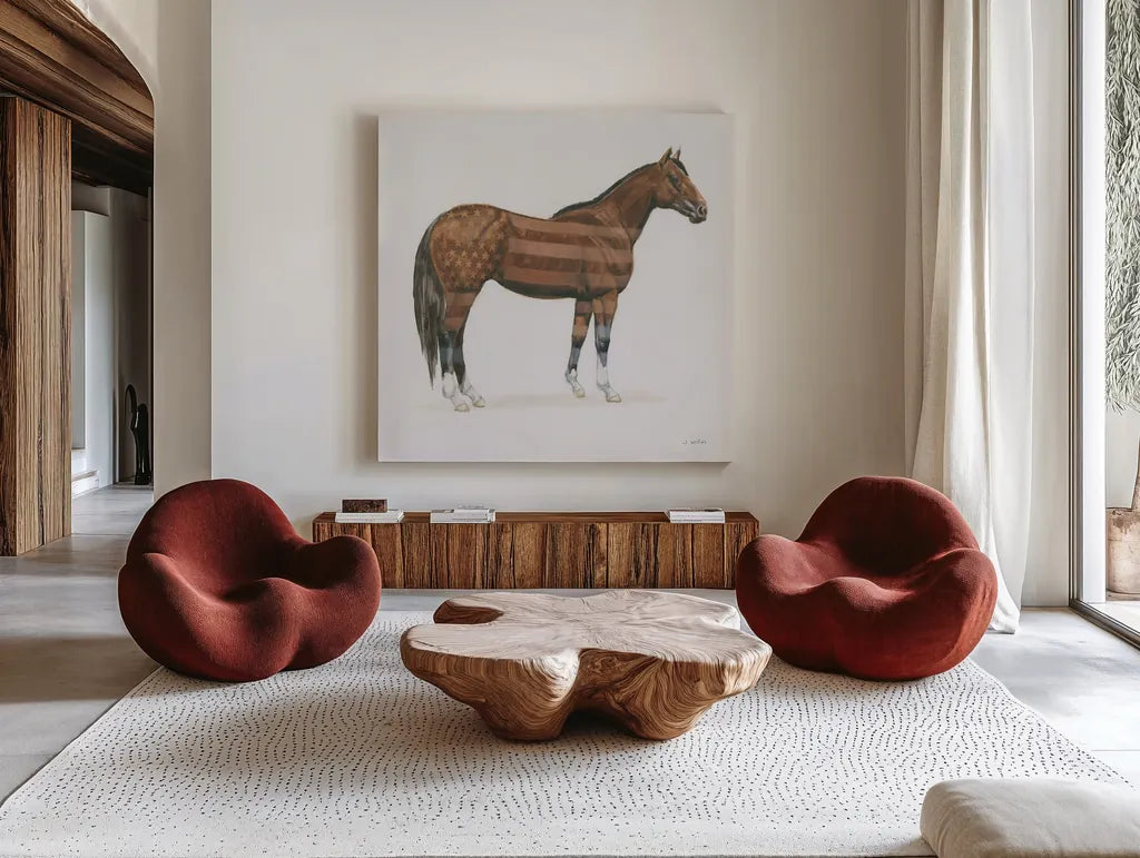 American Horse by Wellington Studio. Shown as extra-large giant wall art in a modern living room. Available as an archival giclee rolled canvas, fine art paper, or poster print. SKU 83836a.