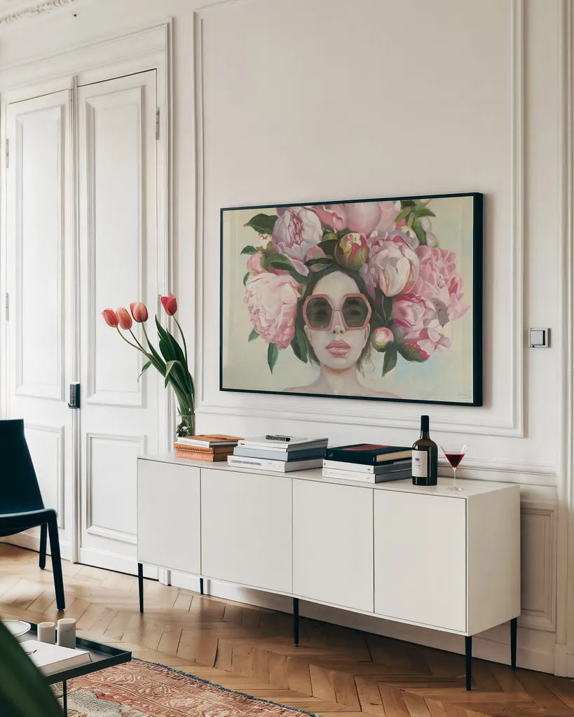 Beautiful Bouquet by Wellington Studio. shown as a framed stretched canvas in a living room above a console. Available as a archival giclee rolled canvas, fine art paper, or poster print. SKU 99736i.