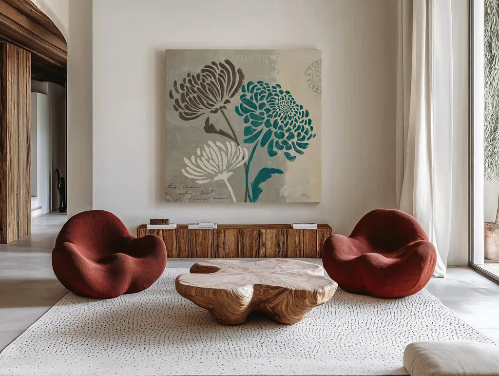 Chrysanthemums II by Wellington Studio. Shown as extra-large giant wall art in a modern living room. Available as an archival giclee rolled canvas, fine art paper, or poster print. SKU 15964a.