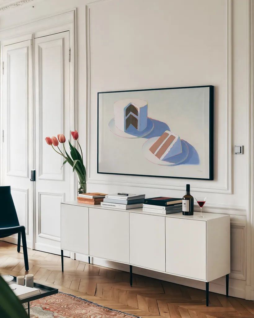 Layer Cake by Wellington Studio. shown as a framed stretched canvas in a living room above a console. Available as a archival giclee rolled canvas, fine art paper, or poster print. SKU 90169i.