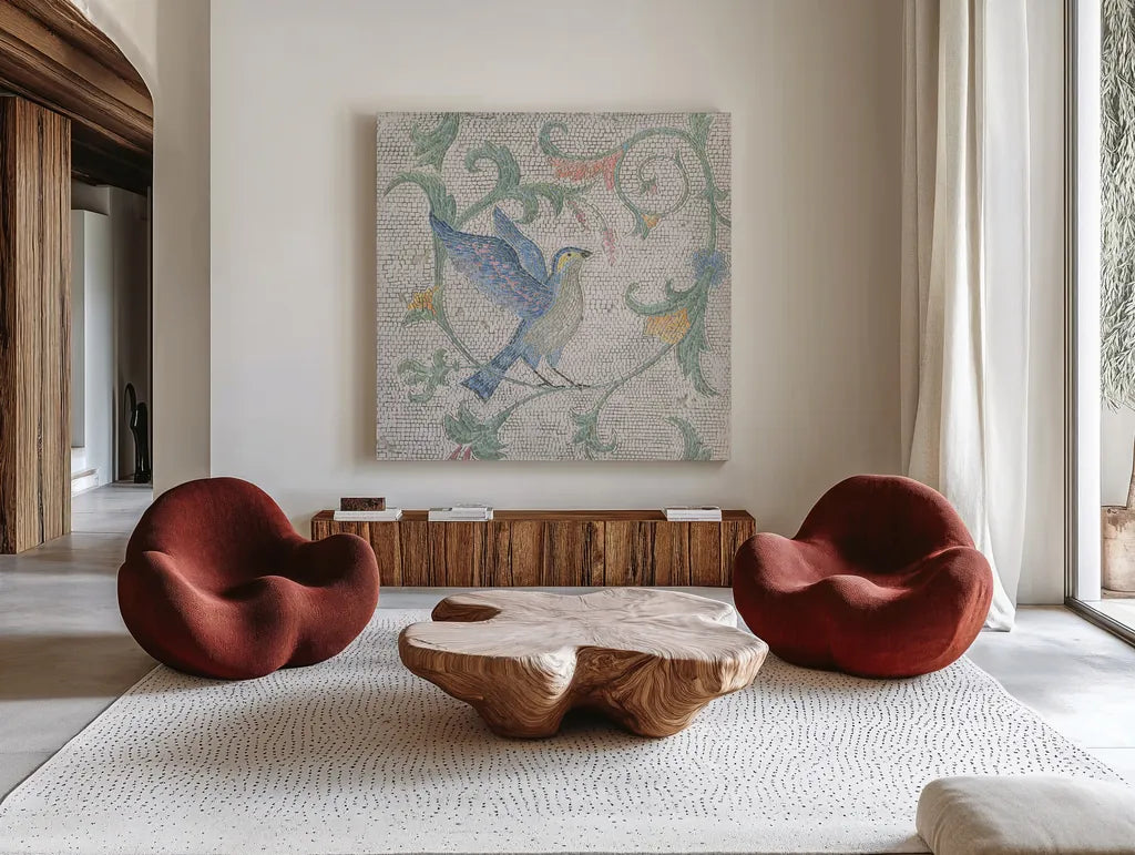Mosaic Birds I by Wellington Studio. Shown as extra-large giant wall art in a modern living room. Available as an archival giclee rolled canvas, fine art paper, or poster print. SKU 90246a.