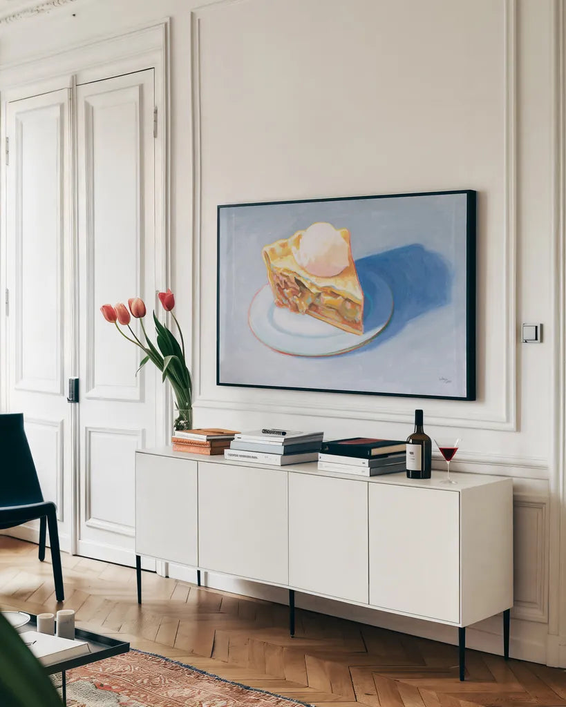 Pie by Wellington Studio. shown as a framed stretched canvas in a living room above a console. Available as a archival giclee rolled canvas, fine art paper, or poster print. SKU 90686i.