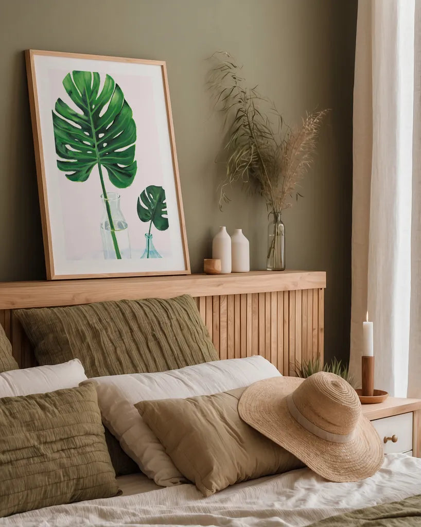 Statement Palms II by Wellington Studio. shown as a paper print in a natural frame. Available as a archival giclee rolled canvas, fine art paper, or poster print. SKU 33611h.