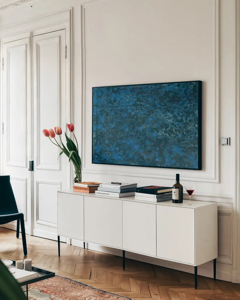 Textures I by Wellington Studio. shown as a framed stretched canvas in a living room above a console. Available as a archival giclee rolled canvas, fine art paper, or poster print. SKU 86880i.